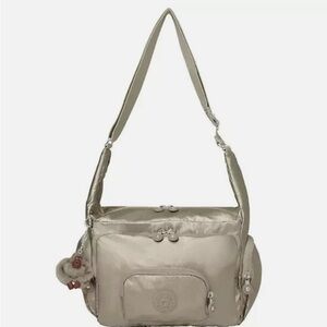 Kipling Erica Bag Crossbody Purse Metallic Pewter Shoulder Bag Crinkle Nylon